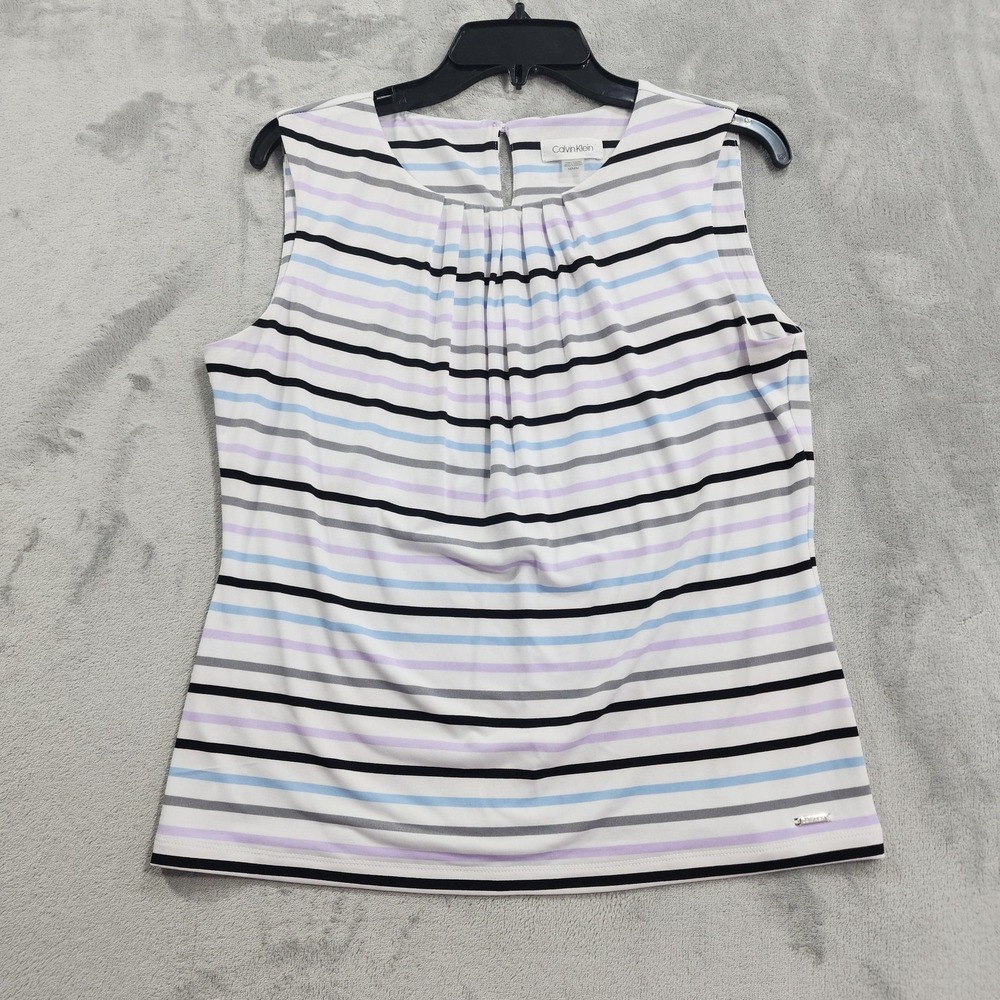 Calvin Klein Top Womens M Multicolor Striped Scoop Neck Sleeveless Shell Stretch